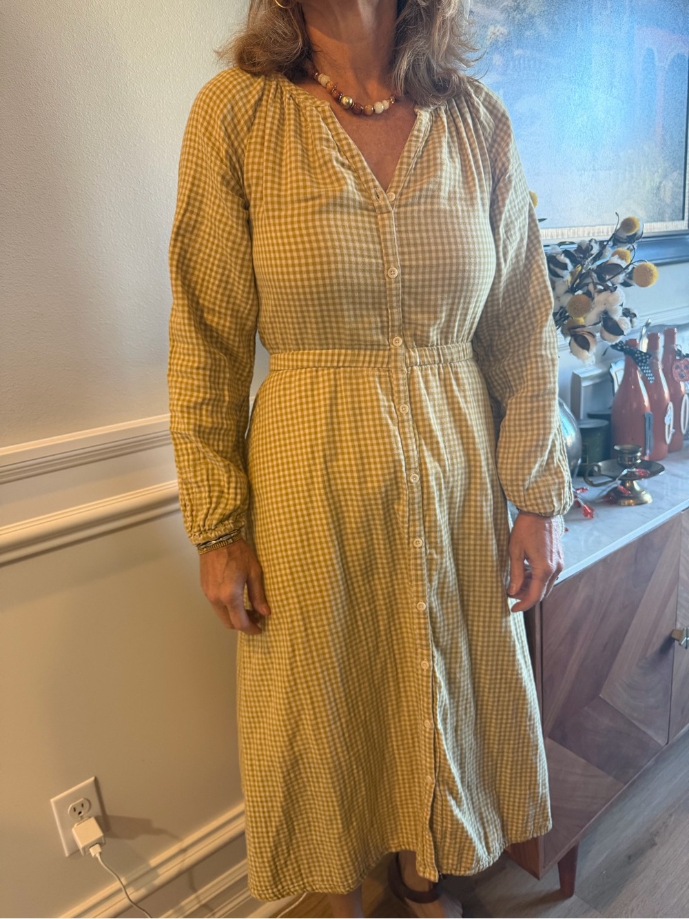 Pact women’s size medium midi dress in mustard yellow and cream gingham.